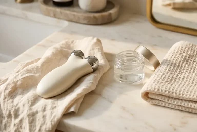 A handheld facial device with two metal spheres resting on a linen cloth on a marble vanity beside a jar of clear gel